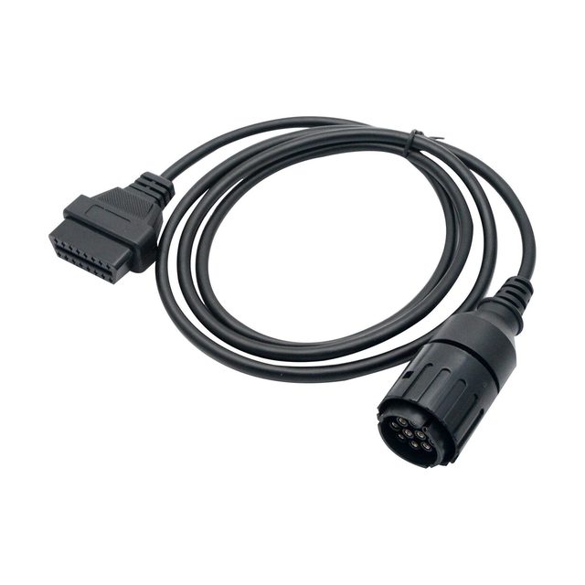 Coiled black adapter cable for BMW motorcycles, with the round 10-pin plug at one end and the 16-pin OBD2 socket at the other