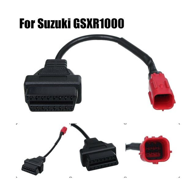 Short adapter cable for Suzuki motorcycles with a red 6-pin plug and a black 16-pin OBD2 socket