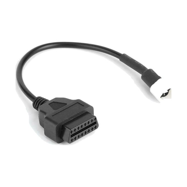 Adapter cable for Yamaha motorcycles with a white 3-pin plug and a black 16-pin OBD2 socket