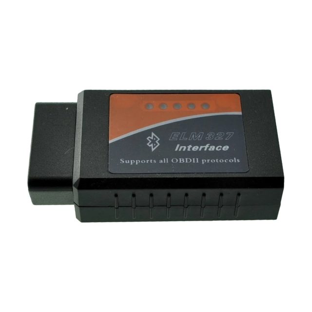 Black ELM327 Bluetooth v1.5 adapter with an orange label and a 16-pin OBD2 plug