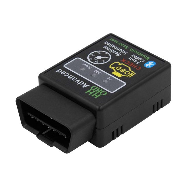 Black ELM327 Bluetooth adapter seen at an angle, with the 16-pin OBD2 plug in the foreground