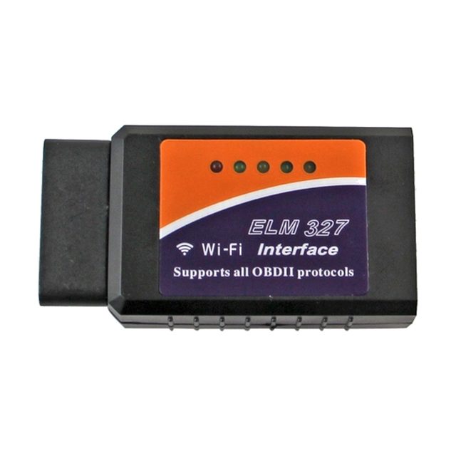 Black ELM327 Wi-Fi adapter with an orange label