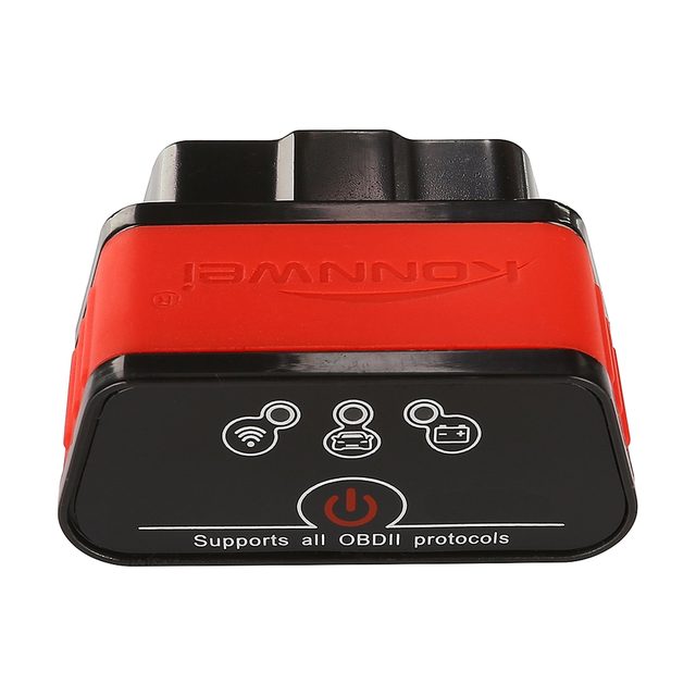 Black and red Konnwei KW903 adapter seen from the front, with its power button and three lights