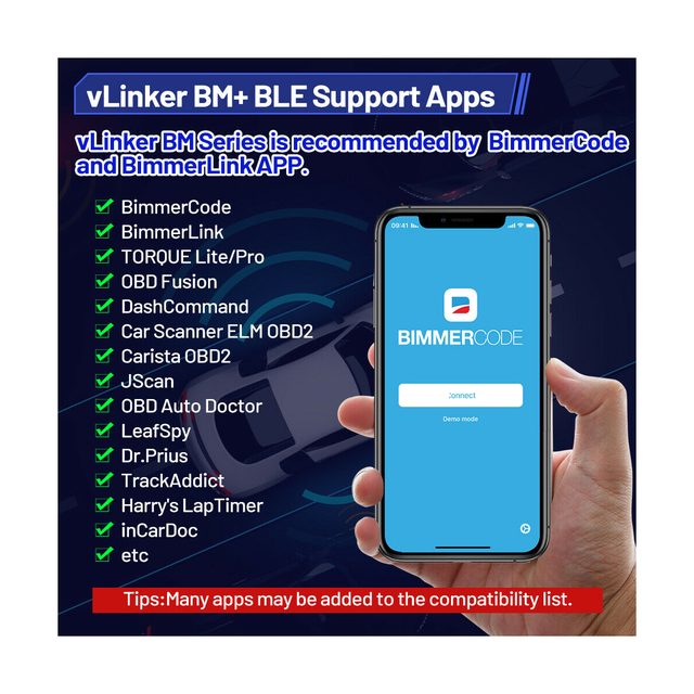 Vgate material: apps the maker lists for the vLinker BM+
