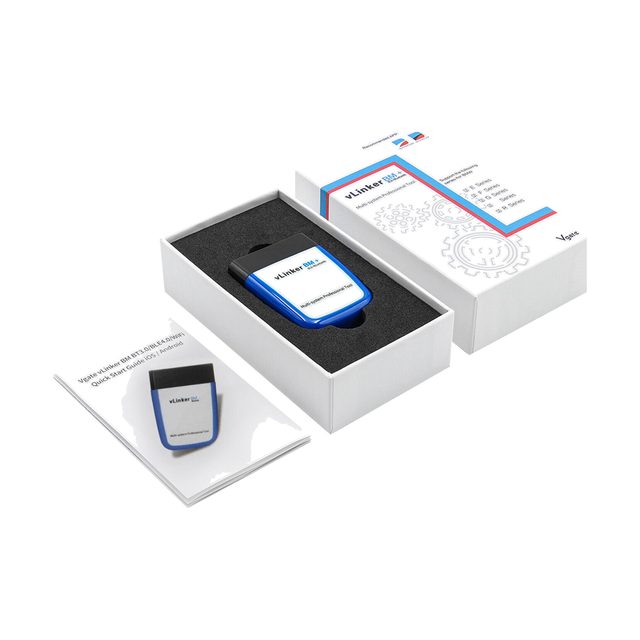 Blue and white Vgate vLinker BM+ inside its open box, next to the manual