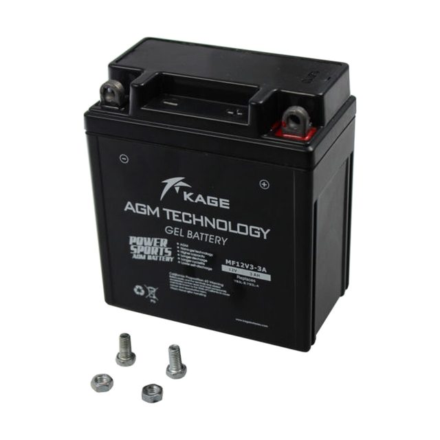 YB3L-B gel motorcycle battery shown from the front with both terminals