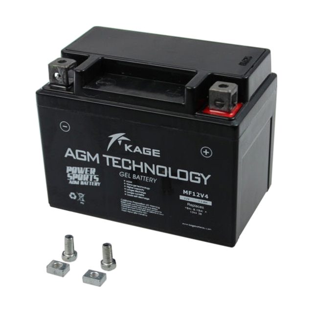 YB4L-B gel motorcycle battery shown from the front with both terminals
