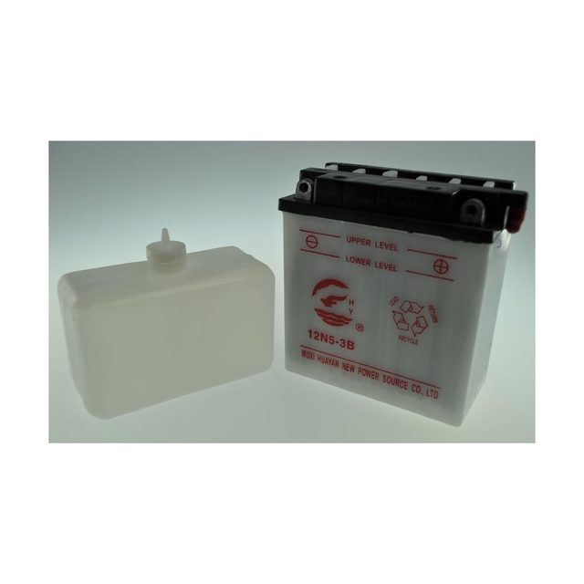 YB5L-B motorcycle battery shown from the front with both terminals