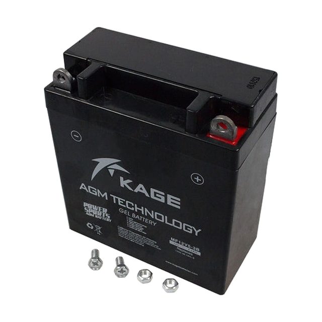 YB5L-B gel motorcycle battery shown from the front with both terminals