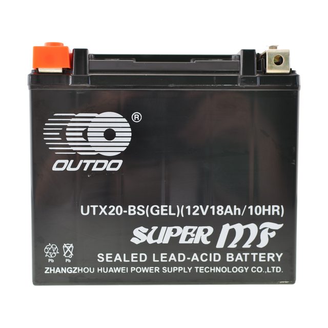 YTX20-BS gel motorcycle battery shown from the front with both terminals