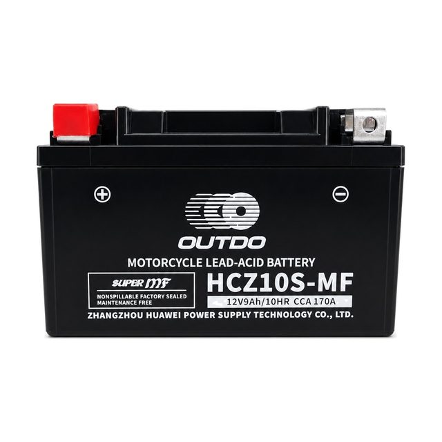 OUTDO HCZ10S-MF, YTZ10S motorcycle battery shown from the front with both terminals