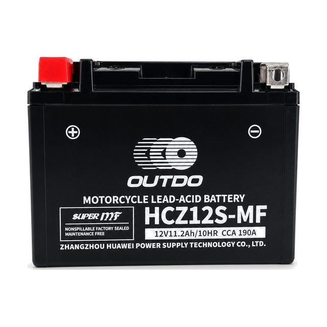 OUTDO HCZ12S-MF, YTZ12S motorcycle battery shown from the front with both terminals