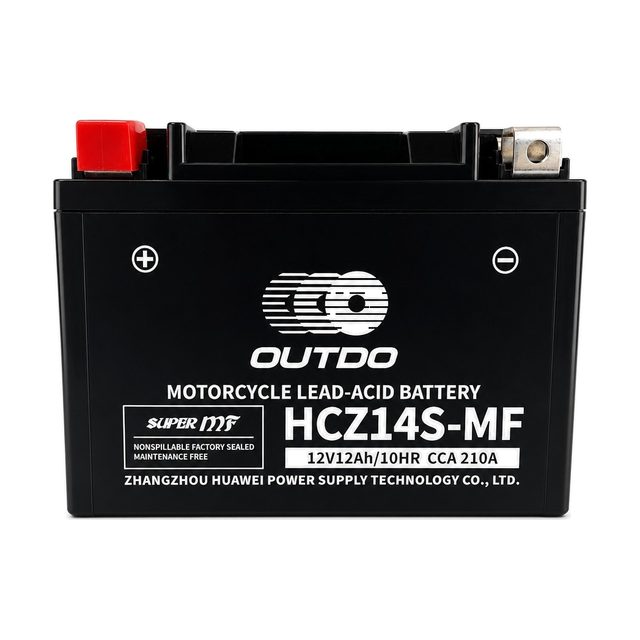 OUTDO HCZ14S-MF, YTZ14S motorcycle battery shown from the front with both terminals