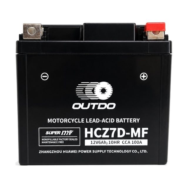 OUTDO HCZ7D-MF, YTZ7S motorcycle battery shown from the front with both terminals
