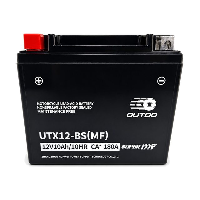 OUTDO UTX12-BS, YTX12-BS motorcycle battery shown from the front with both terminals