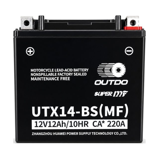 OUTDO UTX14-BS, YTX14-BS motorcycle battery shown from the front with both terminals