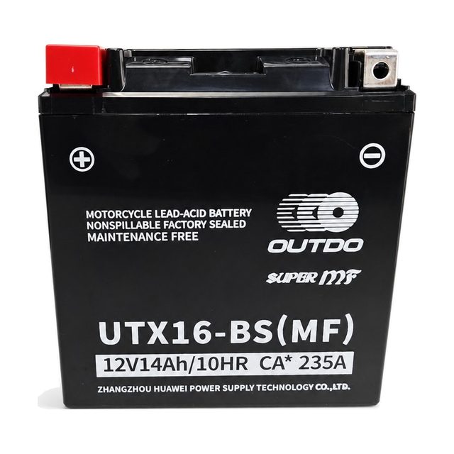 OUTDO UTX16-BS, YTX16-BS motorcycle battery shown from the front with both terminals