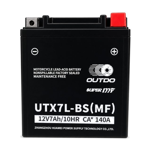 OUTDO UTX7L-BS, YTX7L-BS motorcycle battery shown from the front with both terminals