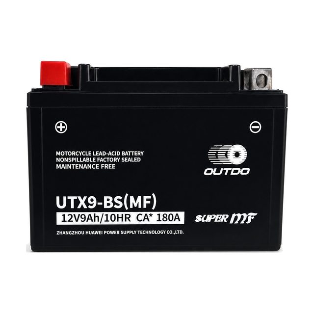 OUTDO UTX9-BS, YTX9-BS motorcycle battery shown from the front with both terminals