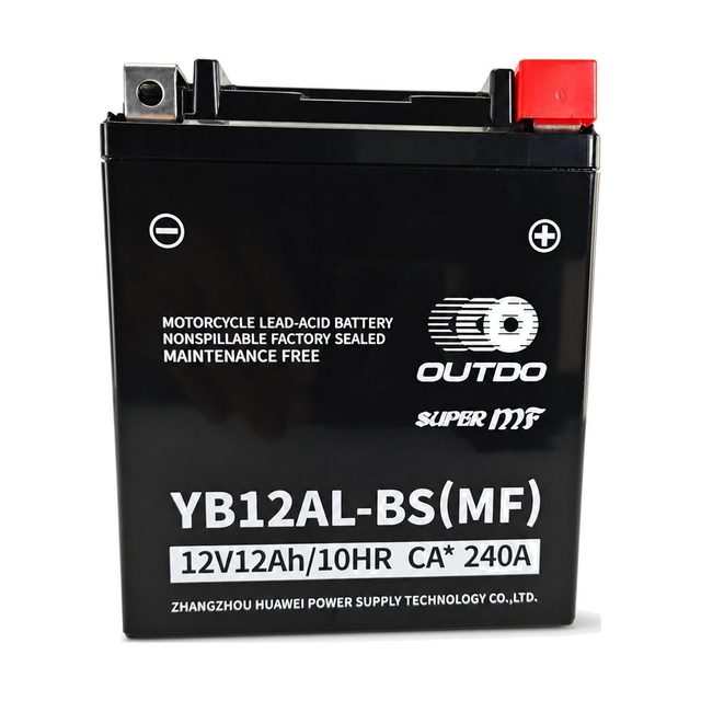 OUTDO YB12AL-BS, YB12AL-A2 motorcycle battery shown from the front with both terminals
