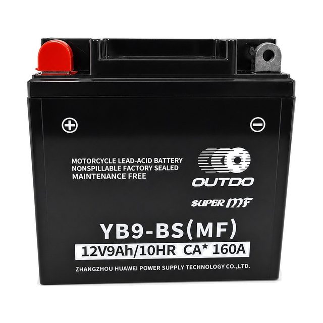OUTDO YB9-BS, YB9-B motorcycle battery shown from the front with both terminals