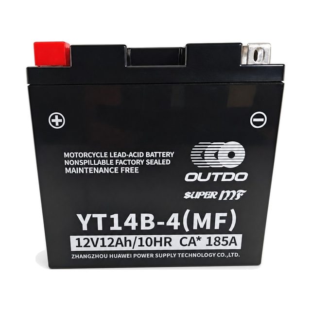OUTDO YT14B-4, YT14B-BS motorcycle battery shown from the front with both terminals
