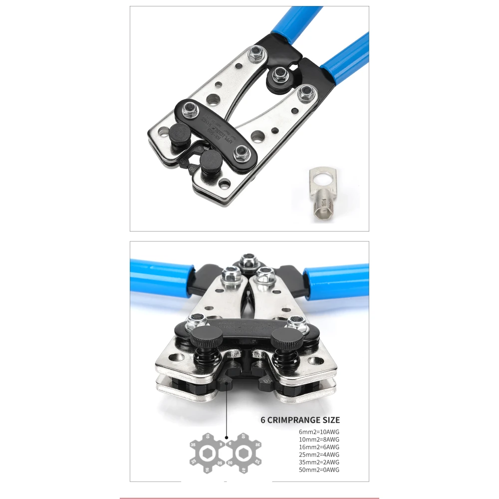 6-50mm² Crimping Pliers with Non-Slip Handles and Adjustable Rotation