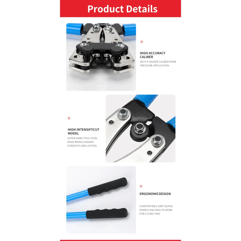 6-50mm² Crimping Pliers with Non-Slip Handles and Adjustable Rotation