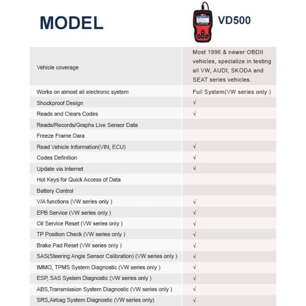 Ancel VD500 OBD2 for VW, Audi, Seat and Skoda - Code Reader