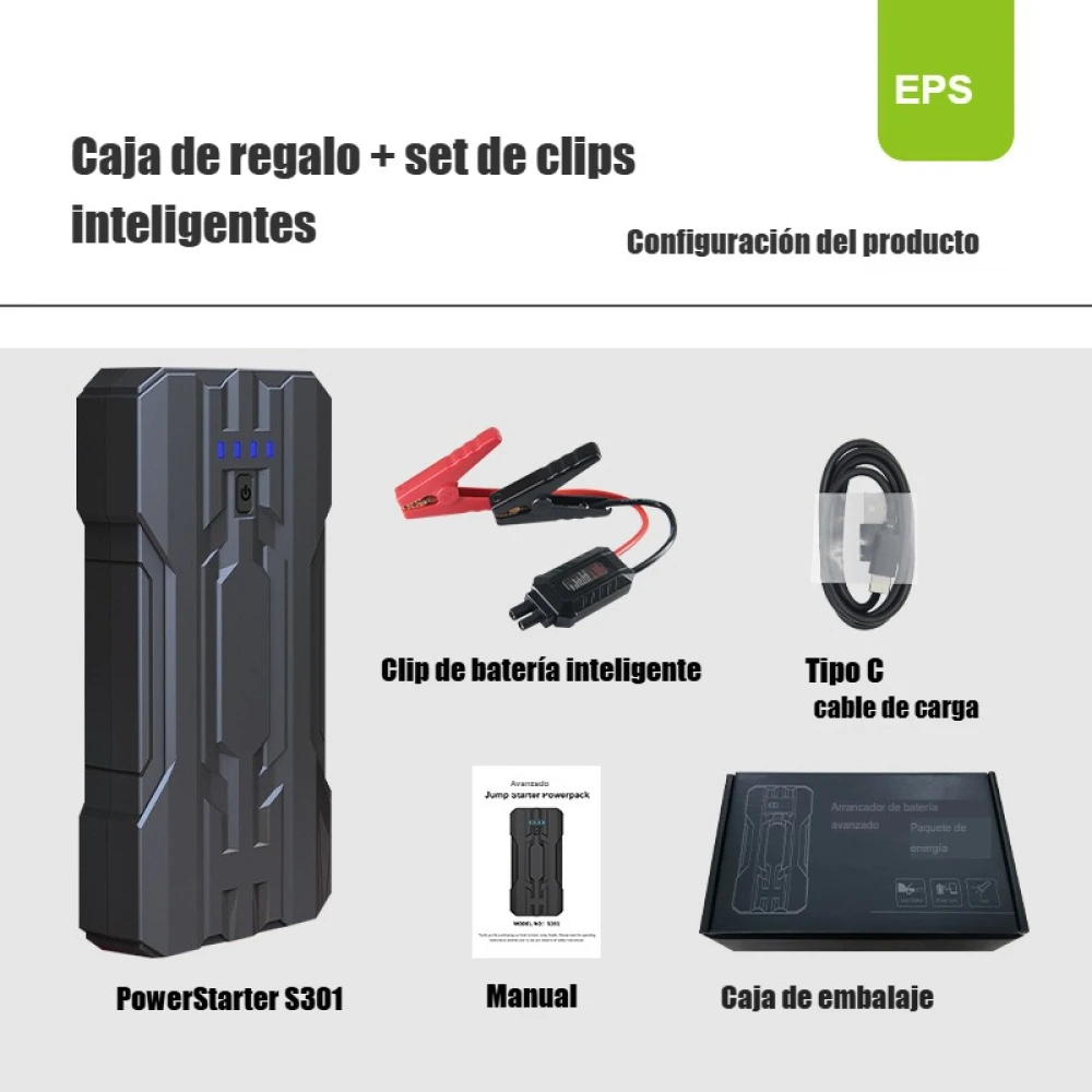Vista frontal del arrancador de batería para coche 8000mAh Jumpstarter S301