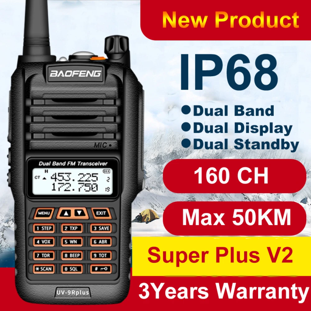 Baofeng UV9R Plus long-range walkie talkie with 160 VHF/UHF channels