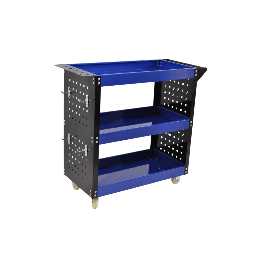 Professional 3-Shelf Workshop Trolley with Side Trays and Hooks for Organising Your Workshop
