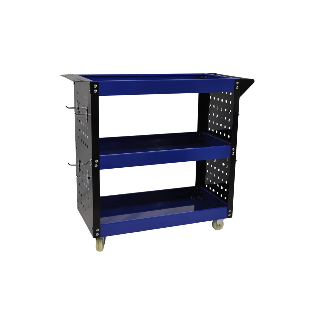 Professional 3-Shelf Workshop Trolley with Side Trays and Hooks for Organising Your Workshop
