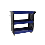 Vista lateral del carro de taller con paneles perforados y ganchos para herramientas