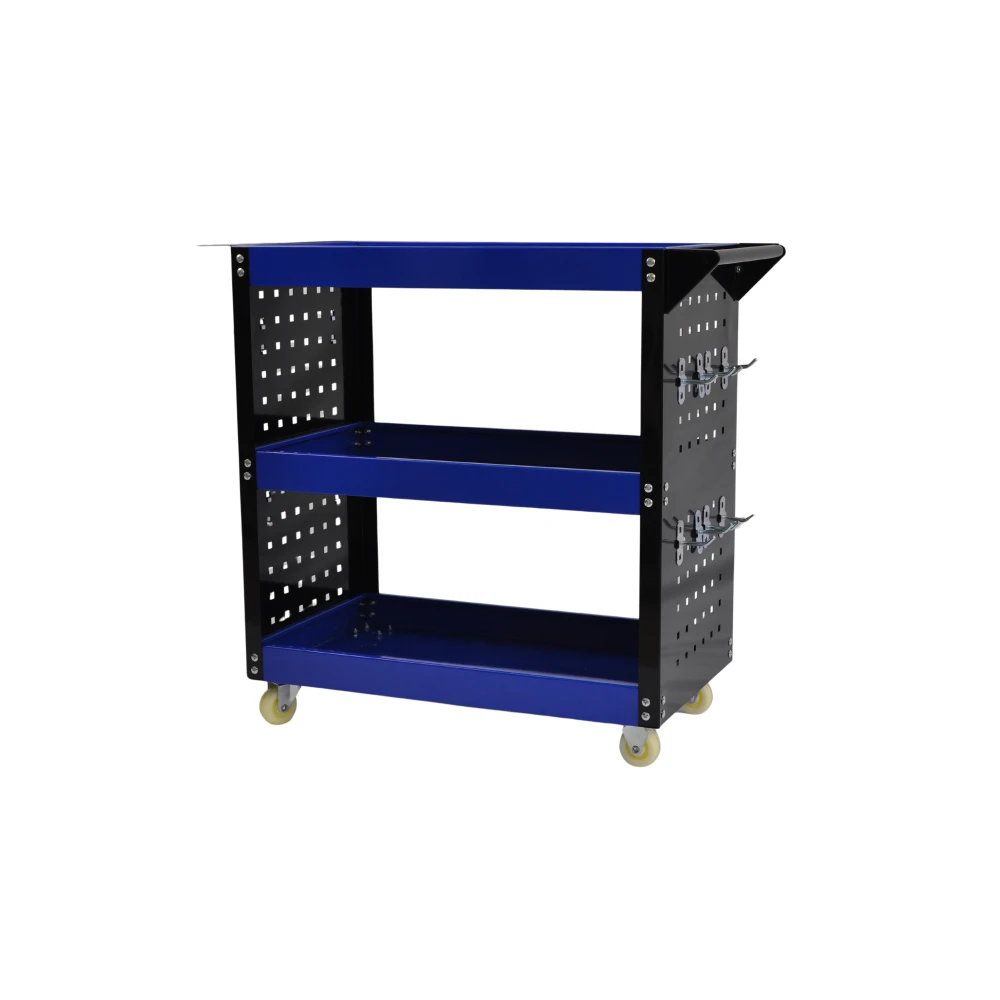 Professional 3-Shelf Workshop Trolley with Side Trays and Hooks for Organising Your Workshop