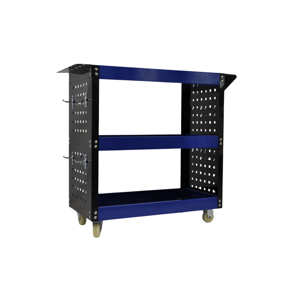 Professional 3-Shelf Workshop Trolley with Side Trays and Hooks for Organising Your Workshop