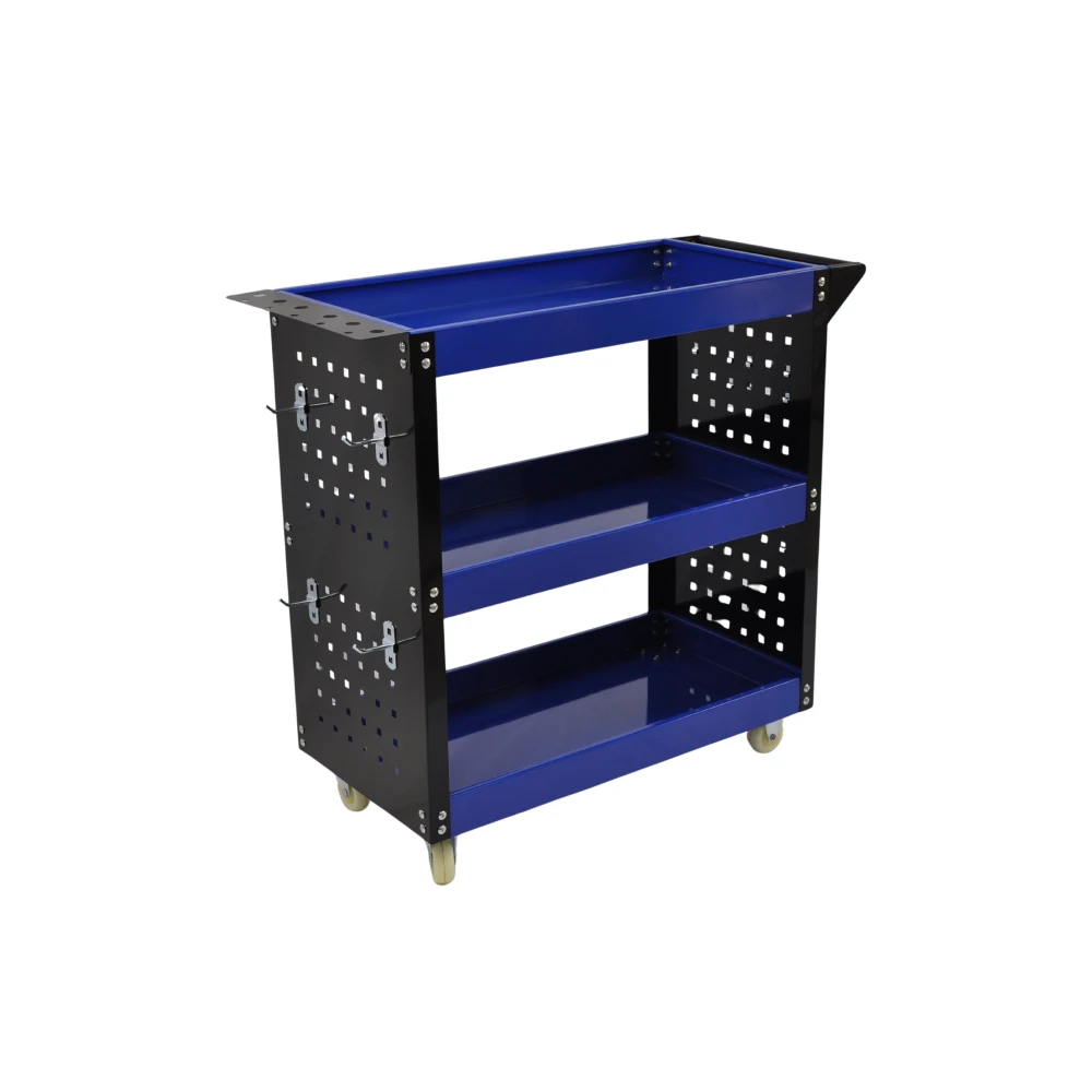 Professional 3-Shelf Workshop Trolley with Side Trays and Hooks for Organising Your Workshop