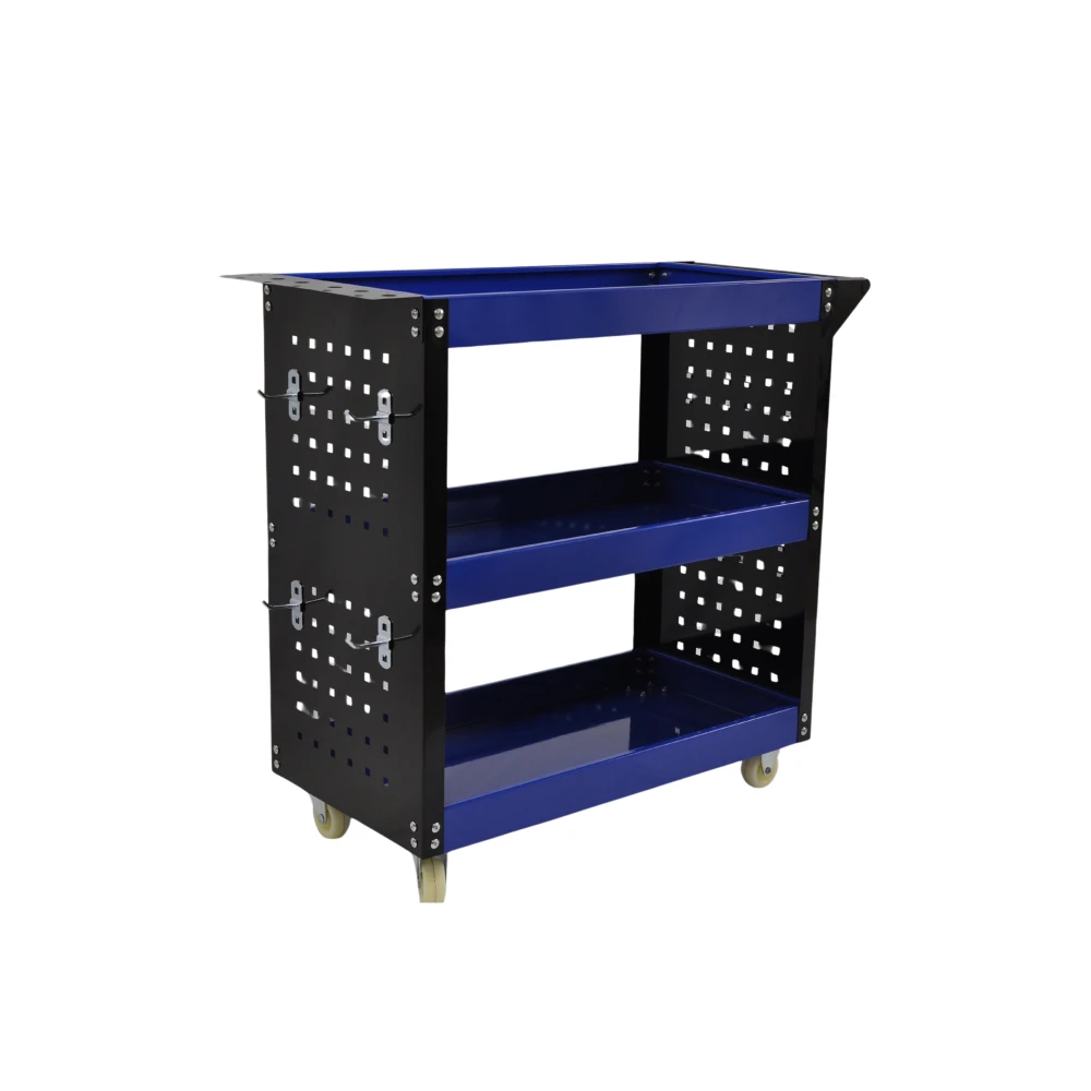 Professional 3-Shelf Workshop Trolley with Side Trays and Hooks for Organising Your Workshop