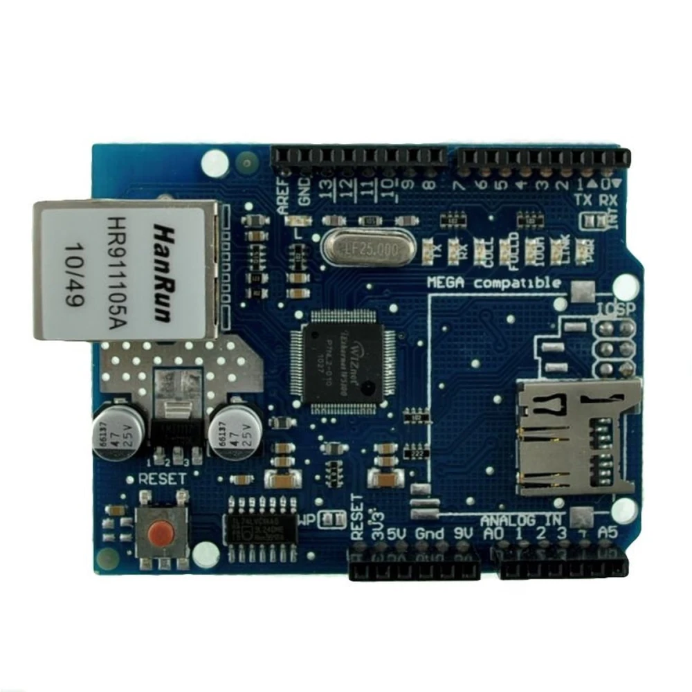 Arduino-compatible W5100 Ethernet Shield for Arduino UNO and MEGA projects