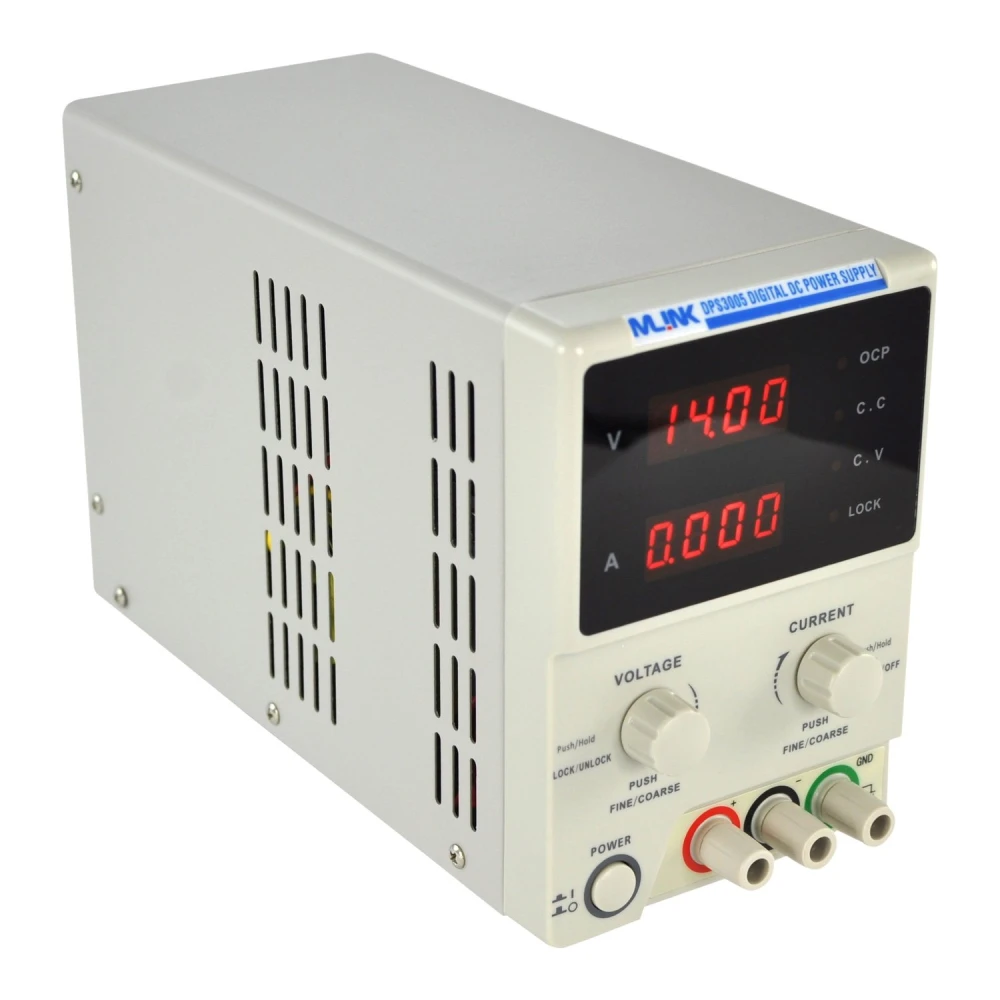 Fuente de alimentación Mlink DPS3005 en entorno de laboratorio electrónico