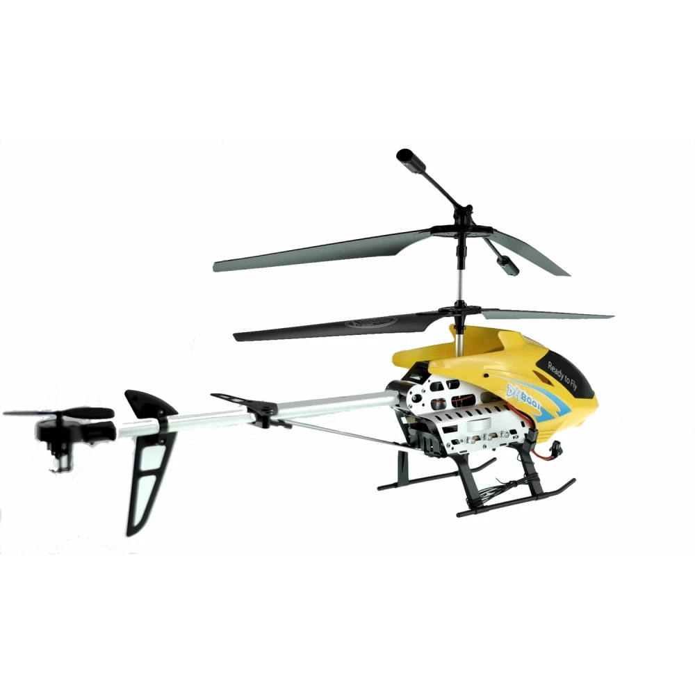 Helicoptero RC DH8001 rojo en vuelo mostrando estabilidad con giroscopio