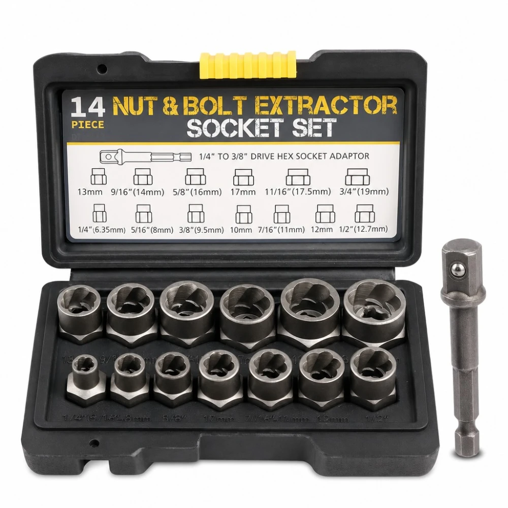 14-Piece Broken Screw & Nut Extractor Set HSS Steel Damaged Bolt Remover