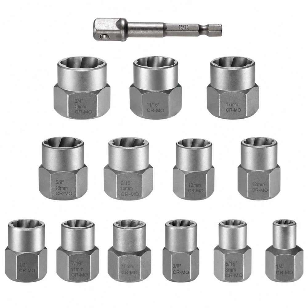 14-Piece Broken Screw & Nut Extractor Set HSS Steel Damaged Bolt Remover
