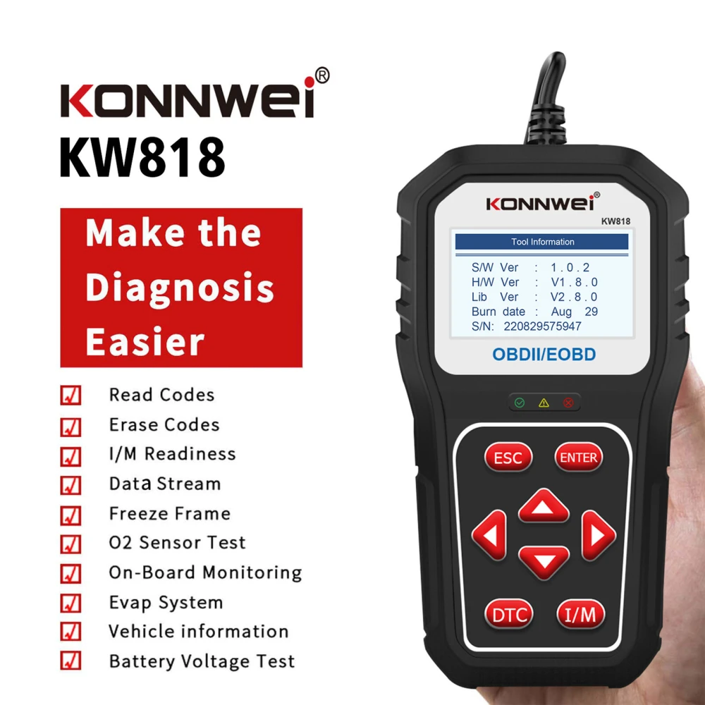 KONNWEI KW818 OBD2 Scanner: OBDII Code Reader for Cars from 1996