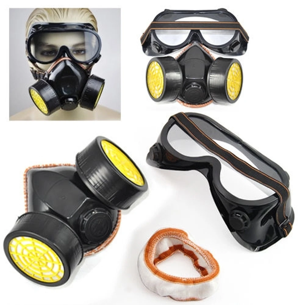 Dual cartridge respirator mask with goggles for gas and paint protection
