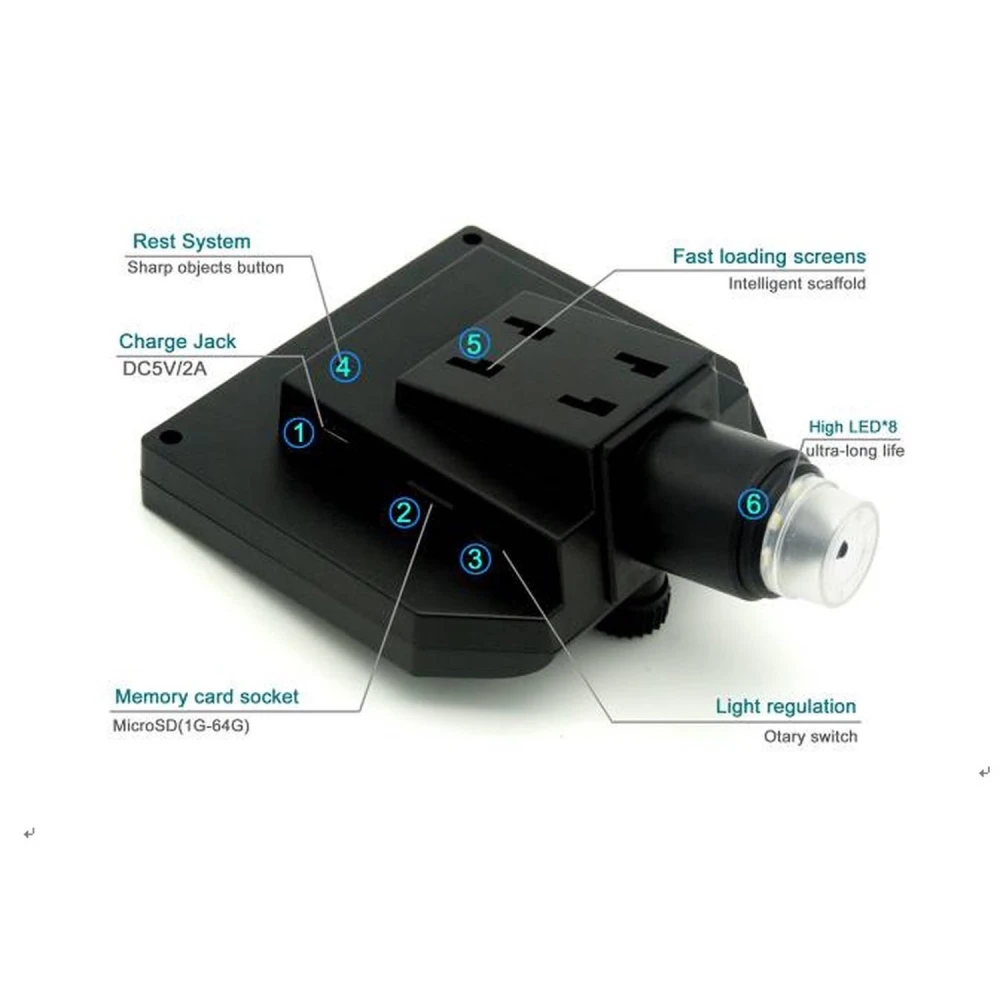 Botones de control para enfoque, zoom y captura en microscopio digital