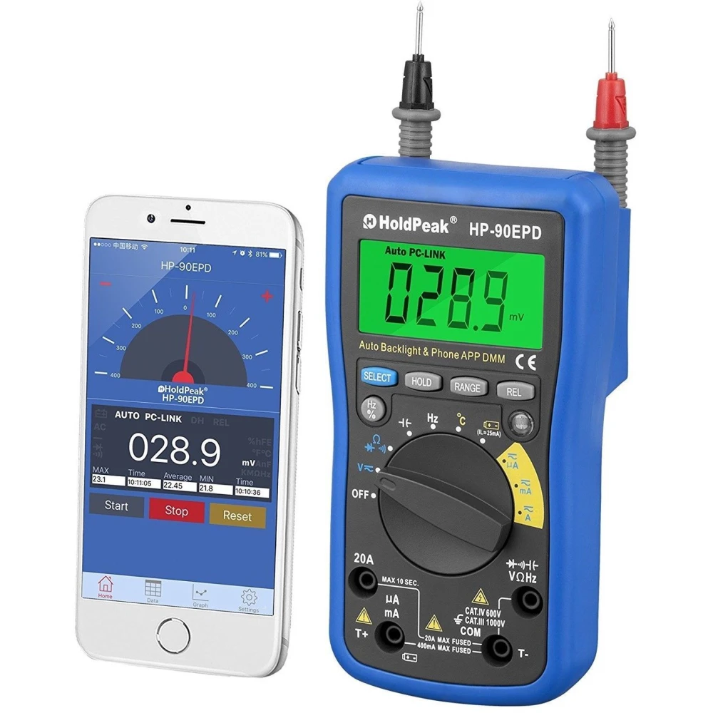 HoldPeak HP-90EPD digital multimeter with mobile app and auto-ranging
