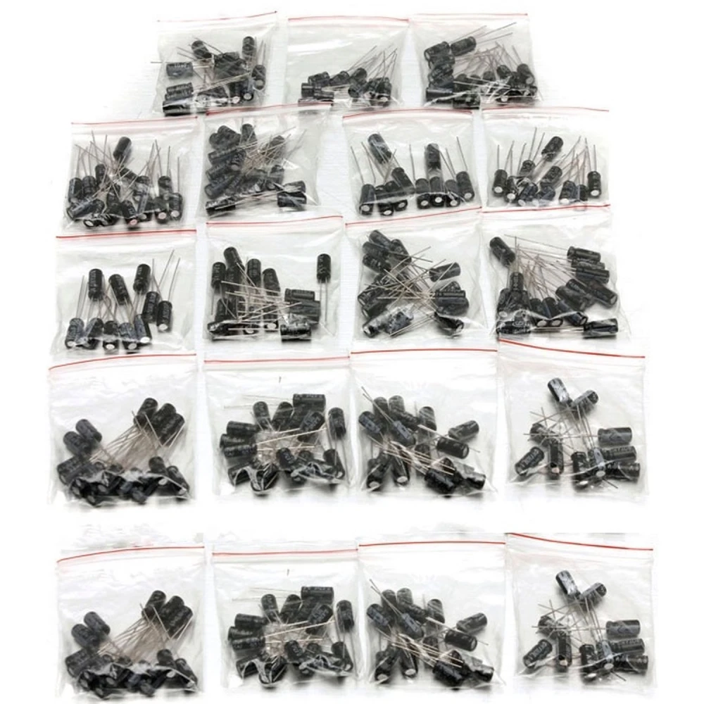 Electrolytic capacitor pack - 190 pieces in 19 different values from 1uF to 1000uF