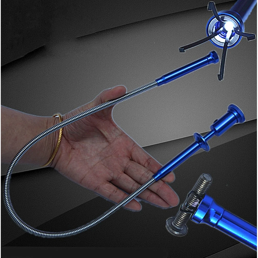 Flexible Magnetic Pickup Tool with LED Light and Long-Reach Claw Hook