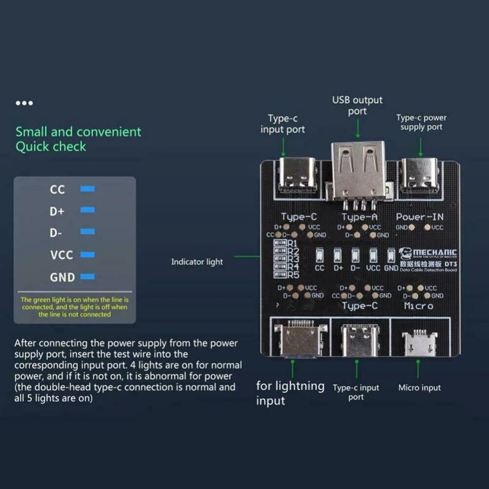 Probador de cables de datos USB Mechanic DT3 con indicadores luminosos